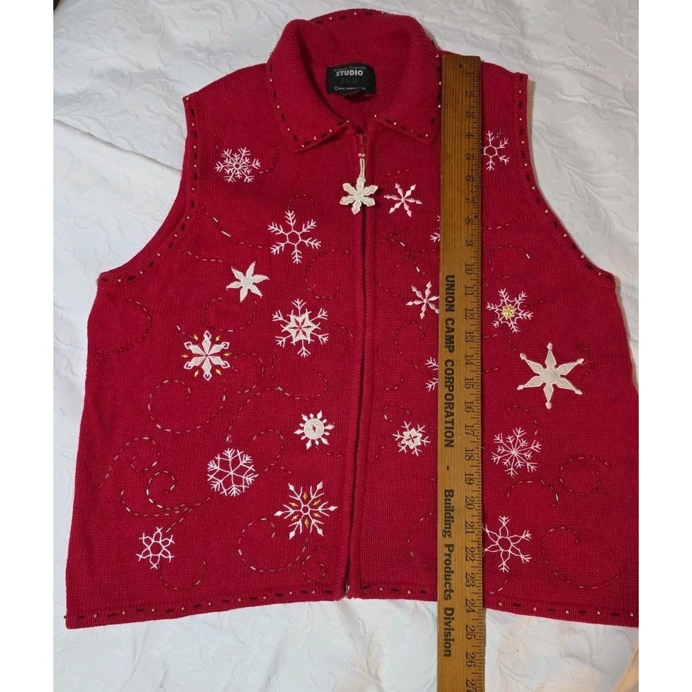 Studio JOY Red Snowflake Zip Sweater Vest XL Ramie Cotton Embroidered Holiday - Picture 9 of 9